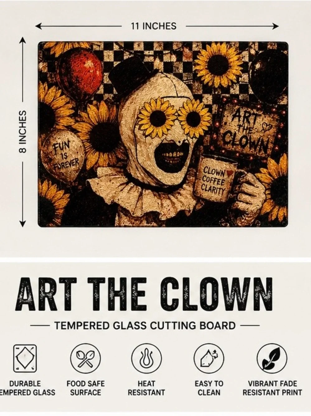 Sunflower Clown Tempered Glass Cutting Board - Yellow 8x11 inches
